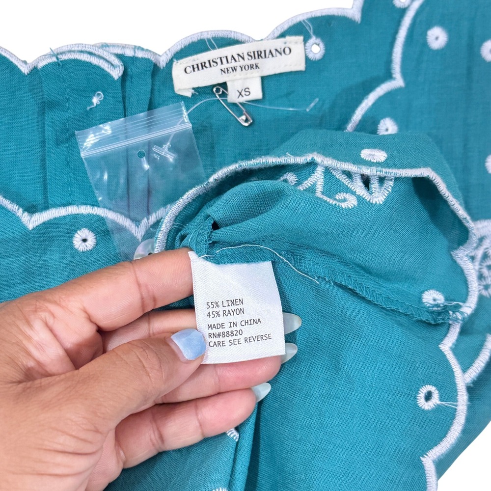 Christian Siriano Women Teal Embroidered Linen Blend Crop Top Size XS - Picture 6 of 8